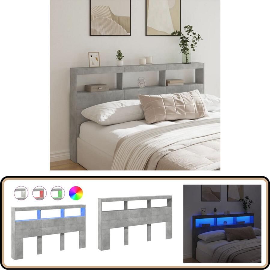 VidaXL Hoofdbordkast LED-verlichting 180x17x102 cm Hoofdbord Kast Led Hoofdbord Bedding Slaapkamers Beton Grijs