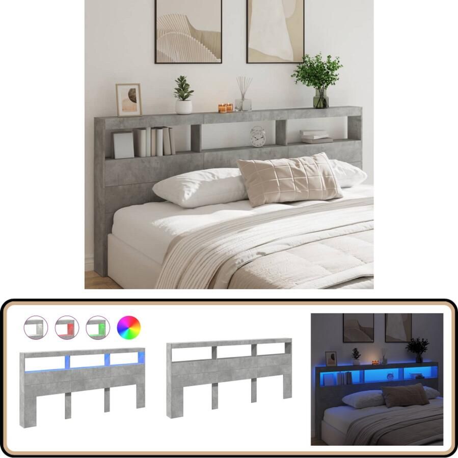 VidaXL Hoofdbordkast LED-Verlichting Betongrijs Hoofdbordkast Hoofdbordkasten Hoofdbord Kast Hoofdbord Kast Bed