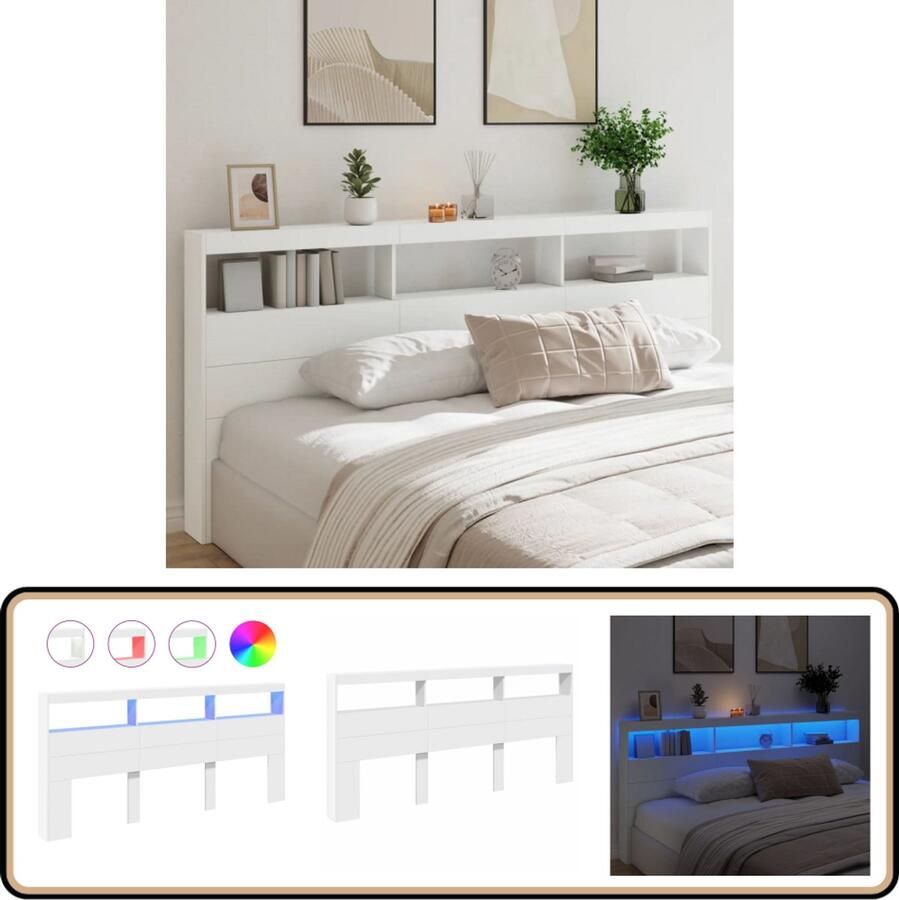 VidaXL Hoofdbordkast LED-verlichting Wit 220 cm Hoofdbord Led Lamp Slaapkamers Beddengoed Houten Hoofdbord