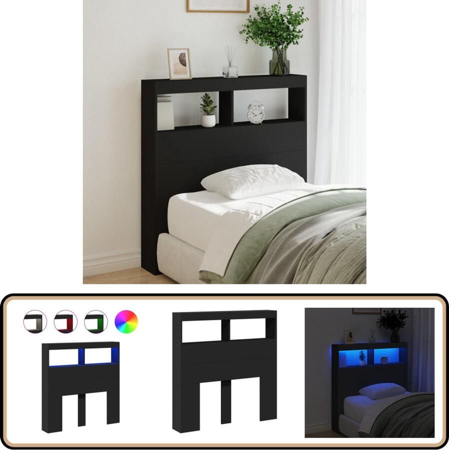 VidaXL Hoofdbordkast LED verlichting Zwart 100x17x102 cm Hoofdbord Kast Led Hoofdbord Met Lampjes Zwarte Hoofdbord Houten Hoofdbord