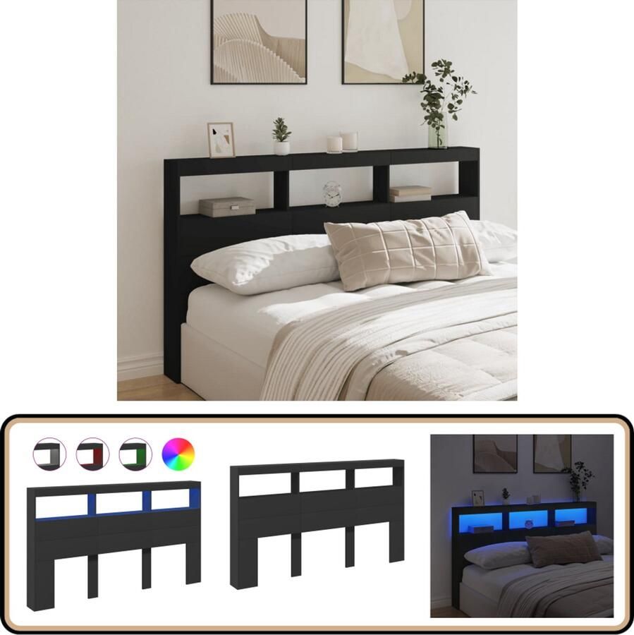 VidaXL Hoofdbordkast LED-verlichting Zwart Hoofdbord Kast Led Hoofdbord Hoofd Bord Slaap Kamer Bedroom Furniture