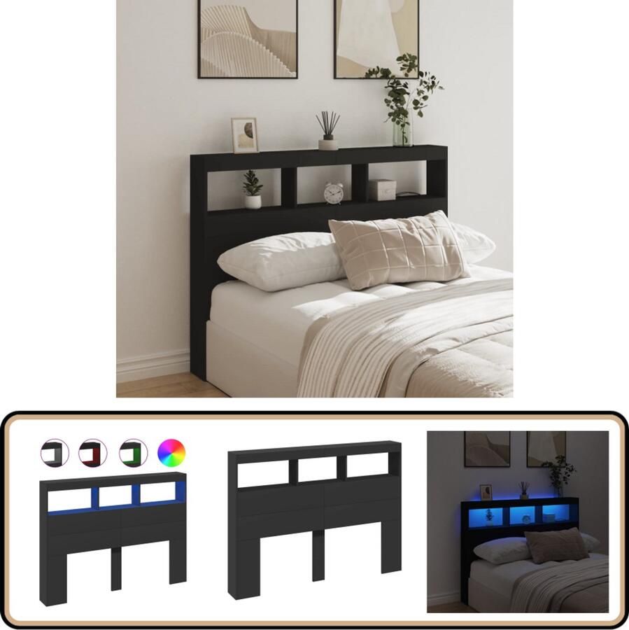 VidaXL Hoofdbordkast LED-verlichting Zwart Hoofdbord Kast Led Hoofdbord Met Lampjes Bedhoofd Slaapkamervloerisolator