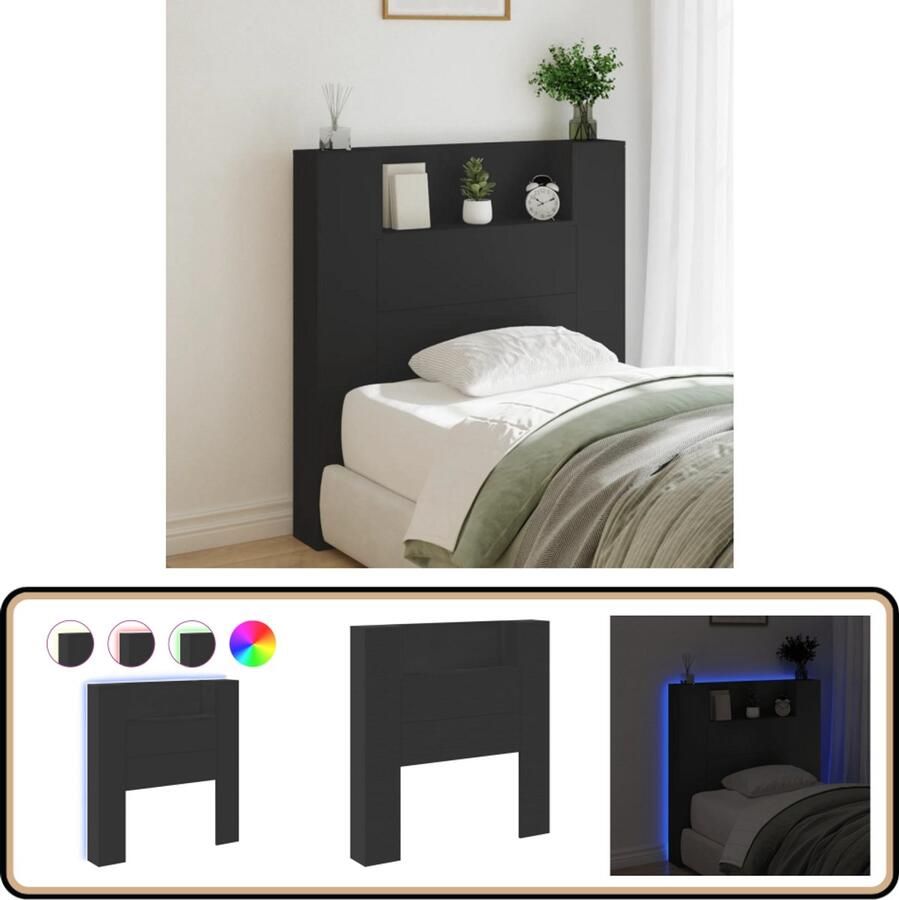 VidaXL Hoofdbordkast LED Verlichting Zwart Hoofdbord Kast Led Hoofdbord Met Lampjes Zwarte Hoofdbord Houten Hoofdbord