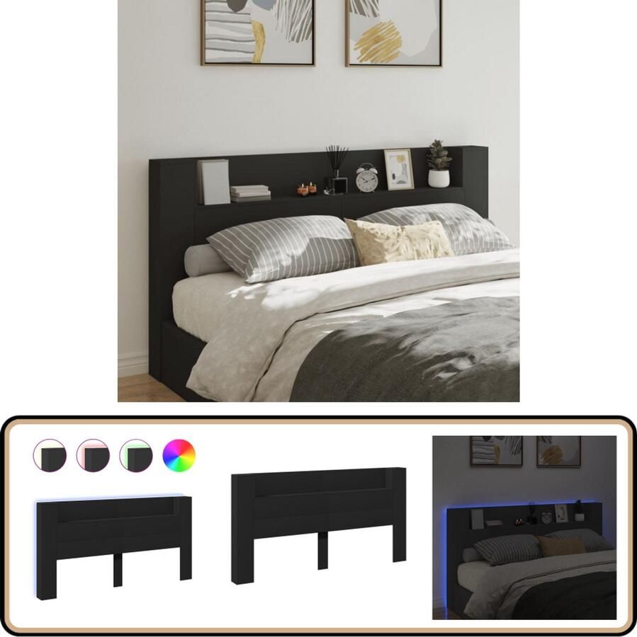 VidaXL Hoofdbordkast LED Verlichting Zwart Hoofdbordkast Hoofdbordkasten Hoofdbord Kast Hoofdbord Kast Bed