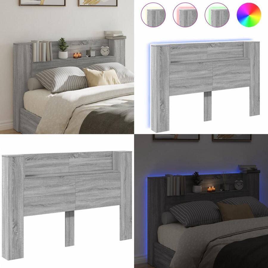 VidaXL Hoofdbordkast met LED 160x16 5x103 5 cm grijs sonoma eikenkleur Hoofdbordkast Hoofdbordkasten Hoofdbord Kast Hoofdbord Kast Bed