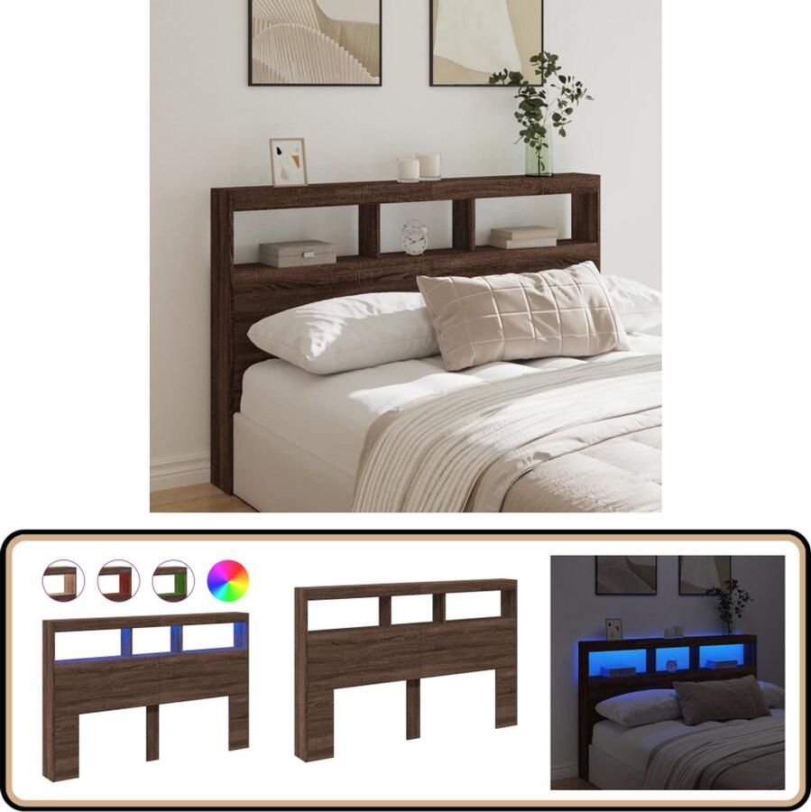 VidaXL Hoofdbordkast met LED 160x17x102 cm Bruin Eiken Hoofdbord Led Verlichting Bedroom Furniture Houten Meubels Tv Bank