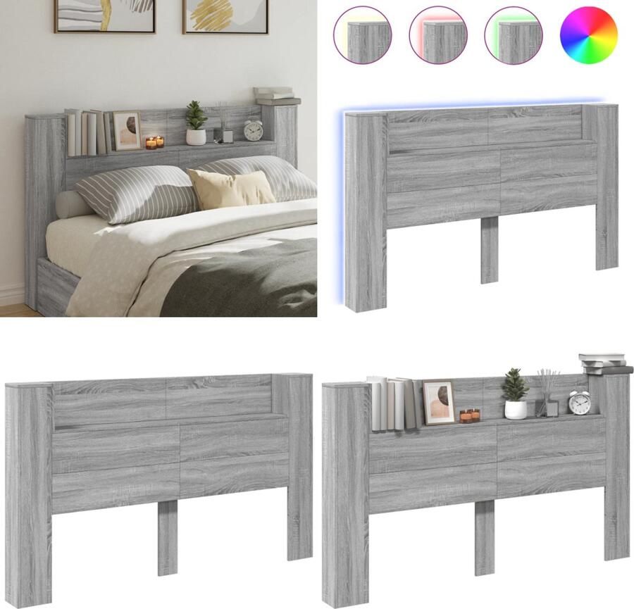 VidaXL Hoofdbordkast met LED 180x16 5x103 5 cm grijs sonoma Hoofdbordkast Hoofdbordkasten Hoofdbord Kast Hoofdbord Kast Bed