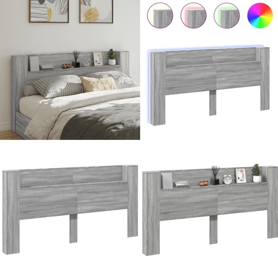 VidaXL Hoofdbordkast met LED 200x16 5x103 5 cm grijs sonoma Hoofdbordkast Hoofdbordkasten Hoofdbord Kast Hoofdbord Kast Bed