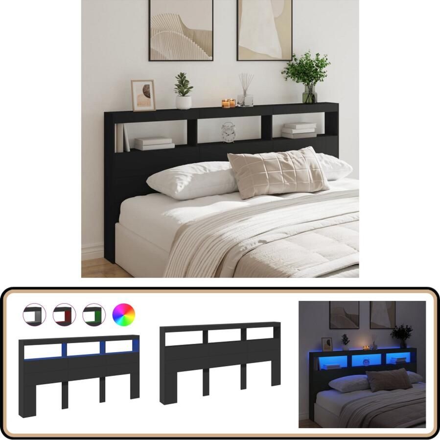 The Living Store Modern Hoofdbordkast LED-verlichting Zwart 200 x 17 x 102 cm RGB LED-verlichting Hoofdbord Kast Led Verlichting Bedstede Bedroom Furniture Zwarte Hoofdbord