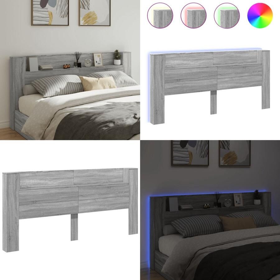 VidaXL Hoofdbordkast met LED 220x16 5x103 5 cm grijs sonoma eikenkleur Hoofdbordkast Hoofdbordkasten Hoofdbord Kast Hoofdbord Kast Bed