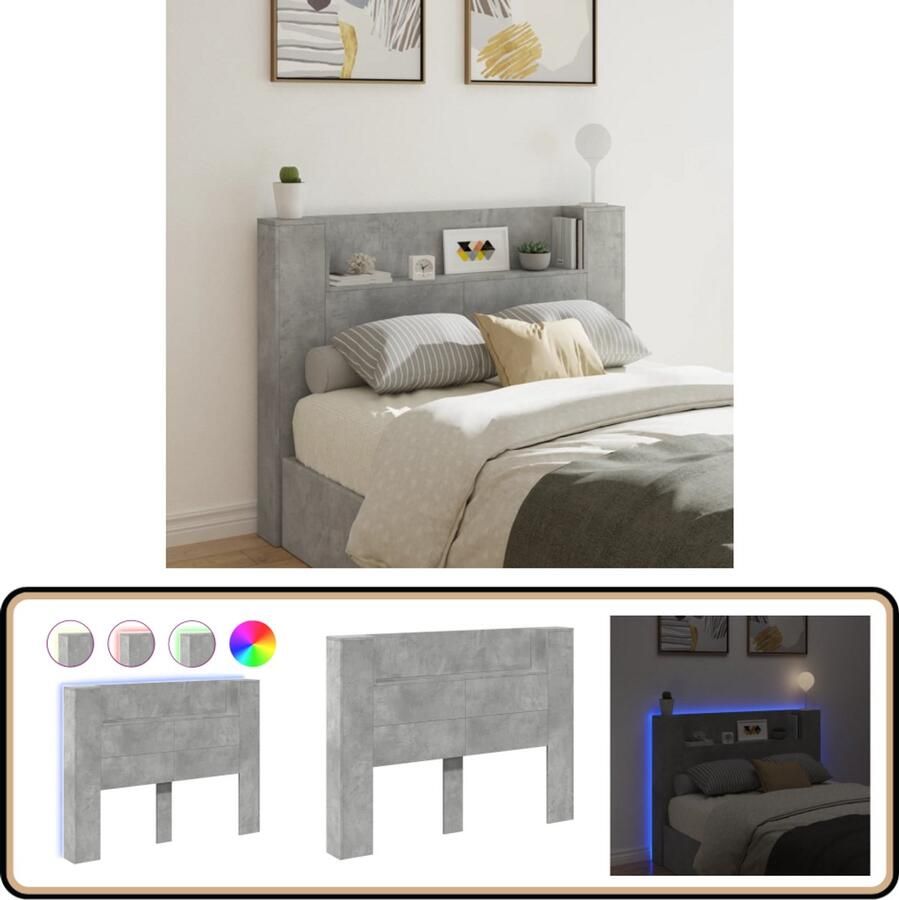 VidaXL Hoofdbordkast met LED Betongrijs 140 cm Hoofdbordkast Led Verlichting Hoofdbord Betongrijs Houten Hoofdbord