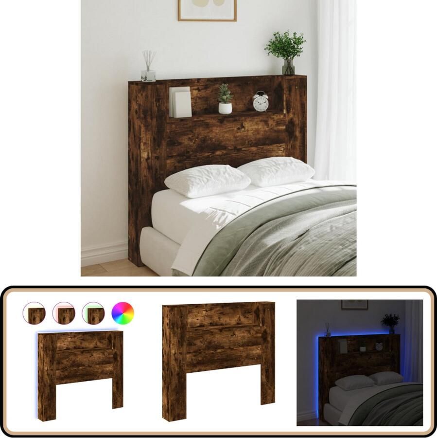 VidaXL Hoofdbordkast met LED Gerookt Eiken Hoofdbord Led Lamp Houten Hoofdbord Slaapkamer Meubels Bruine Hoofdbord Bergruimte Hoofdbord Tv Bank Hoofdbord