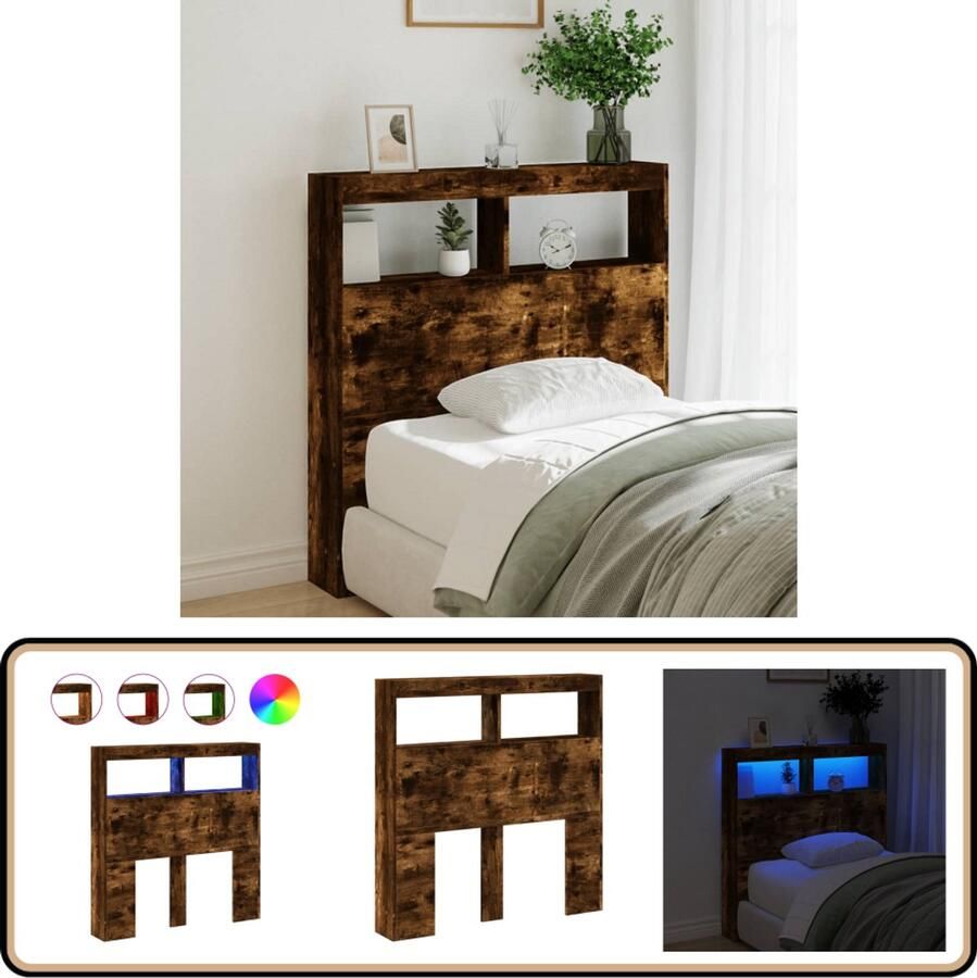 VidaXL Hoofdbordkast met LED Gerookt Eiken Hoofdbord Led Lamp Slaapkamermeubel Houten Hoofdbord Bergruimte