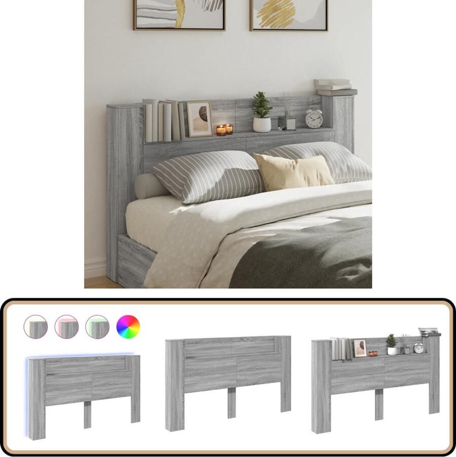 VidaXL Hoofdbordkast met LED Grijs Sonoma 180 cm Hoofdbord Kast Led Hoofdbord Hoofd Bord Slaap Kamer Bedroom Furniture
