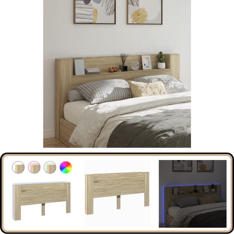 VidaXL Hoofdbordkast met LED Sonoma Eiken 200 cm Hoofdbord Led Lamp Slaapkamer Meubilair Houten Hoofdbord Bedroom Furniture Bruine Hoofdbord
