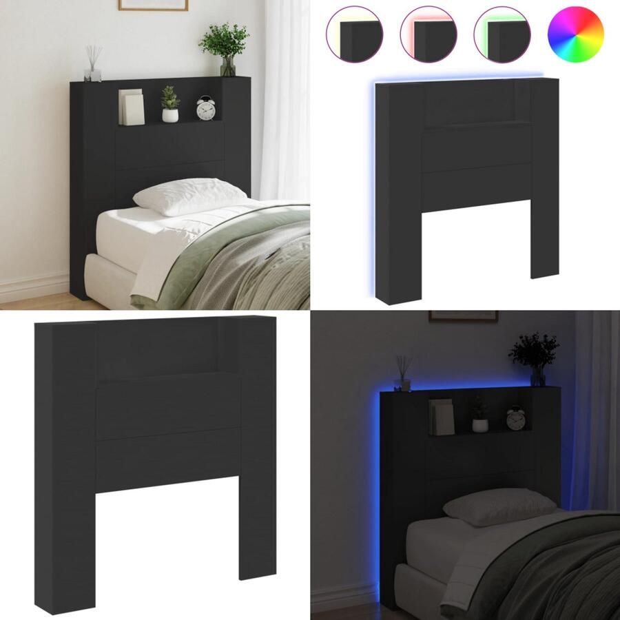 VidaXL Hoofdbordkast met LED-verlichting 100x16 5x103 5 cm zwart Hoofdbordkast Hoofdbordkasten Hoofdbord Kast Hoofdbord Kast Bed