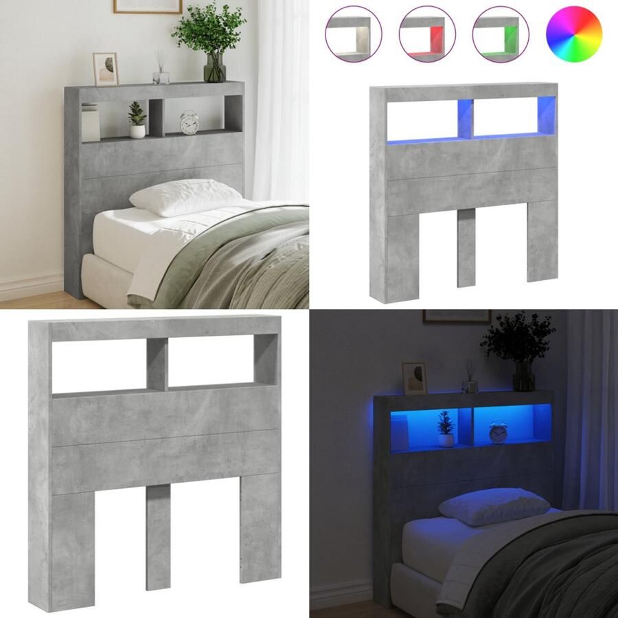 VidaXL Hoofdbordkast met LED-verlichting 100x17x102 cm betongrijs Hoofdbordkast Hoofdbordkasten Hoofdbord Kast Hoofdbord Kast Bed
