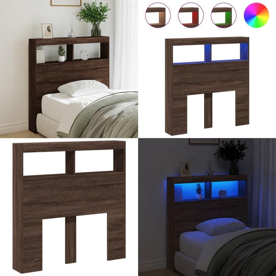 VidaXL Hoofdbordkast met LED-verlichting 100x17x102 cm bruin eiken Hoofdbordkast Hoofdbordkasten Hoofdbord Kast Hoofdbord Kast Bed