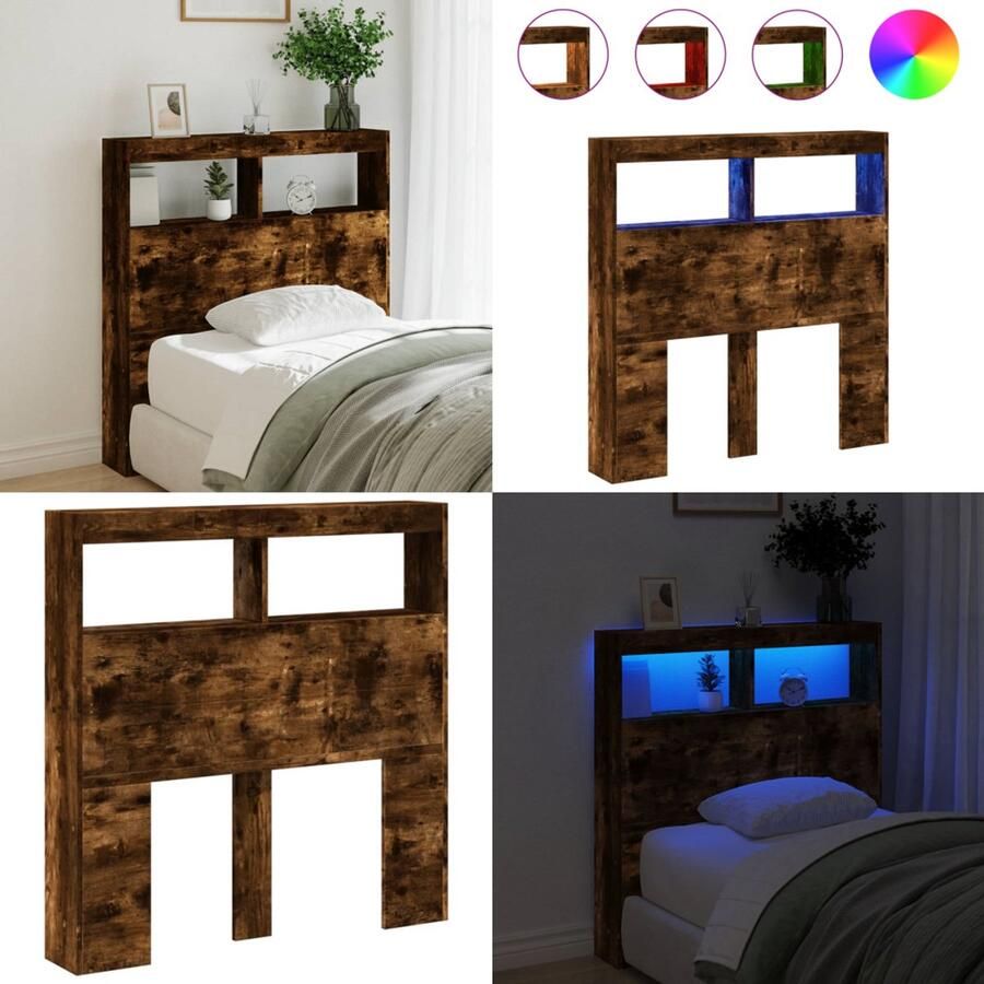 VidaXL Hoofdbordkast met LED-verlichting 100x17x102 cm gerookt eiken Hoofdbordkast Hoofdbordkasten Hoofdbord Kast Hoofdbord Kast Bed