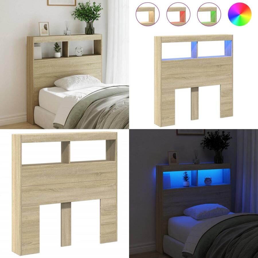 VidaXL Hoofdbordkast met LED-verlichting 100x17x102 cm sonoma eiken Hoofdbordkast Hoofdbordkasten Hoofdbord Kast Hoofdbord Kast Bed