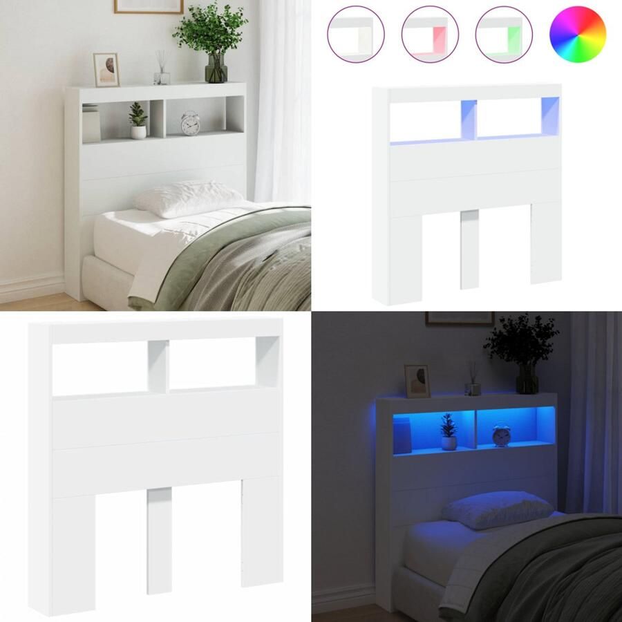 VidaXL Hoofdbordkast met LED-verlichting 100x17x102 cm wit Hoofdbordkast Hoofdbordkasten Hoofdbord Kast Hoofdbord Kast Bed
