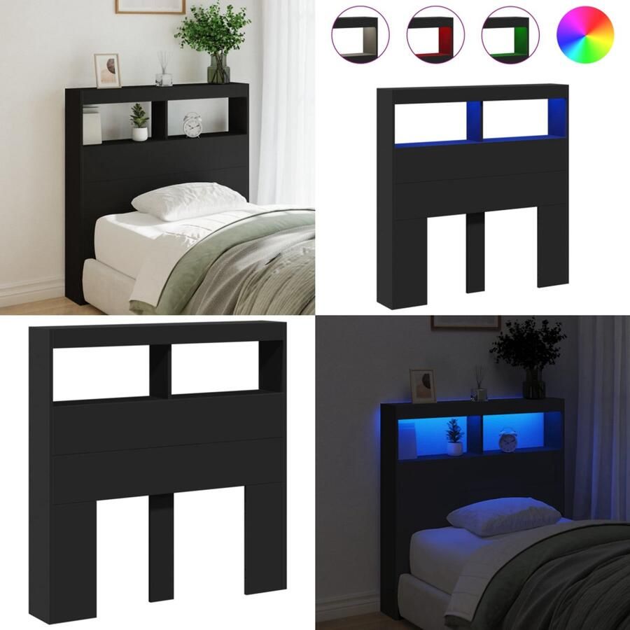 VidaXL Hoofdbordkast met LED-verlichting 100x17x102 cm zwart Hoofdbordkast Hoofdbordkasten Hoofdbord Kast Hoofdbord Kast Bed