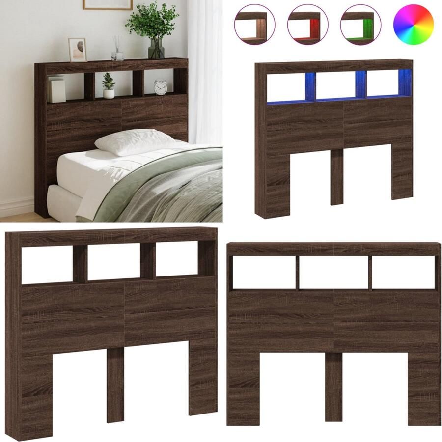 VidaXL Hoofdbordkast met LED-verlichting 120x17x102 cm bruin eiken Hoofdbordkast Hoofdbordkasten Hoofdbord Kast Hoofdbord Kast Bed