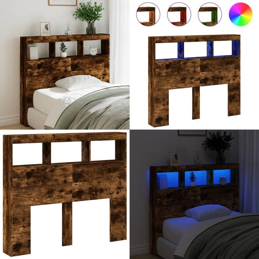 VidaXL Hoofdbordkast met LED-verlichting 120x17x102 cm gerookt eiken Hoofdbordkast Hoofdbordkasten Hoofdbord Kast Hoofdbord Kast Bed