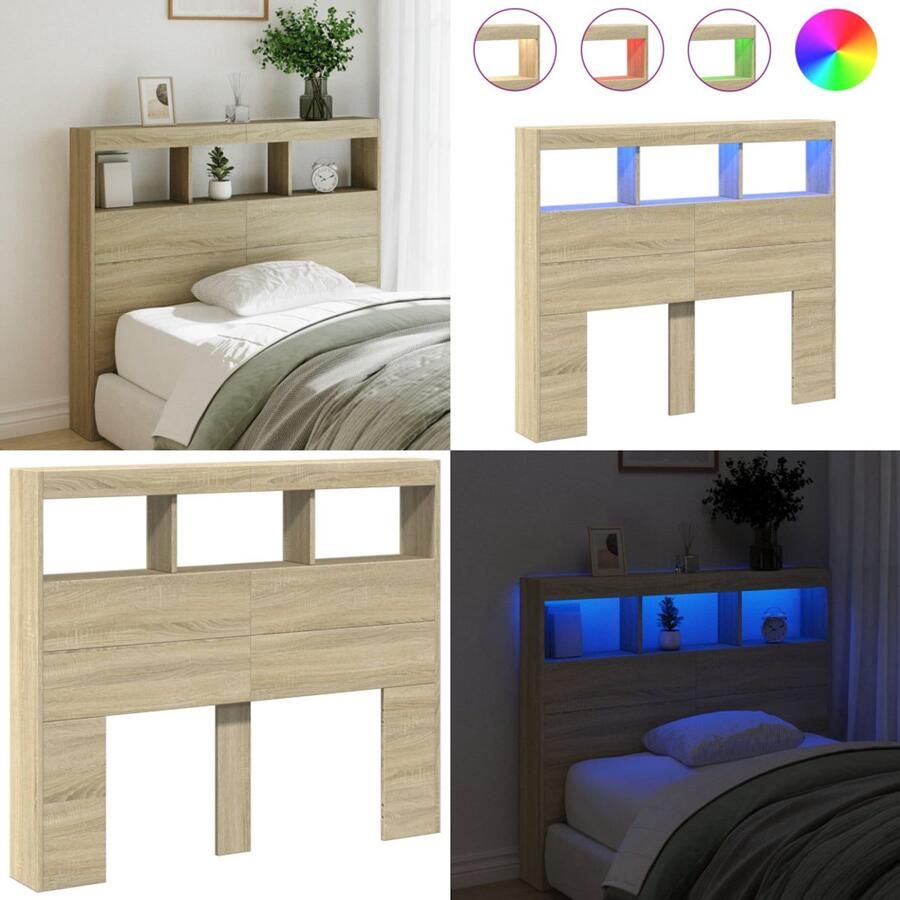 VidaXL Hoofdbordkast met LED-verlichting 120x17x102 cm sonoma eiken Hoofdbordkast Hoofdbordkasten Hoofdbord Kast Hoofdbord Kast Bed