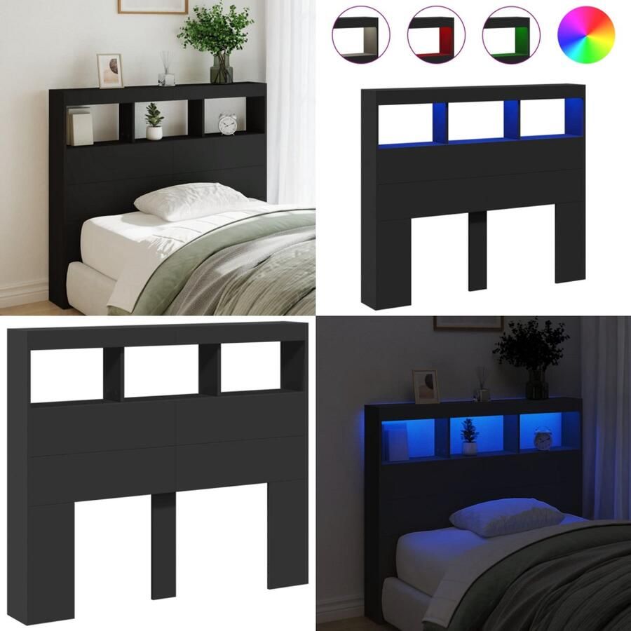 VidaXL Hoofdbordkast met LED-verlichting 120x17x102 cm zwart Hoofdbordkast Hoofdbordkasten Hoofdbord Kast Hoofdbord Kast Bed