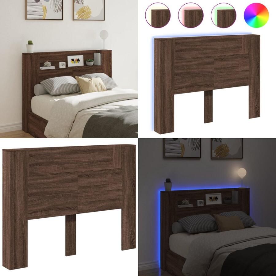 VidaXL Hoofdbordkast met LED-verlichting 140x16 5x103 5 cm bruin eiken Hoofdbordkast Hoofdbordkasten Hoofdbord Kast Hoofdbord Kast Bed
