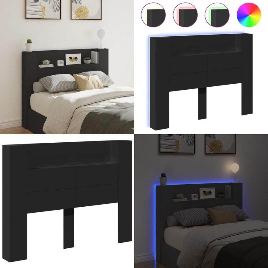 VidaXL Hoofdbordkast met LED-verlichting 140x16 5x103 5 cm zwart Hoofdbordkast Hoofdbordkasten Hoofdbord Kast Hoofdbord Kast Bed