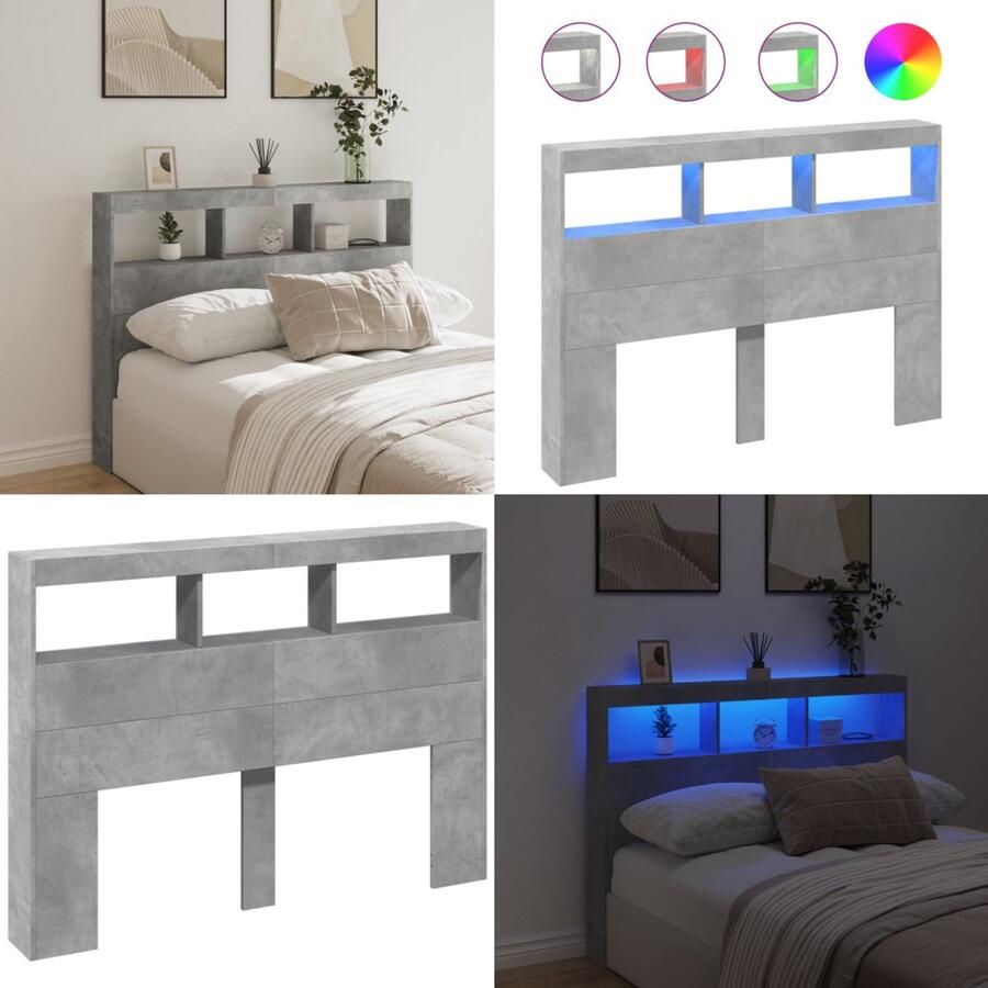 VidaXL Hoofdbordkast met LED-verlichting 140x17x102 cm betongrijs Hoofdbordkast Hoofdbordkasten Hoofdbord Kast Hoofdbord Kast Bed