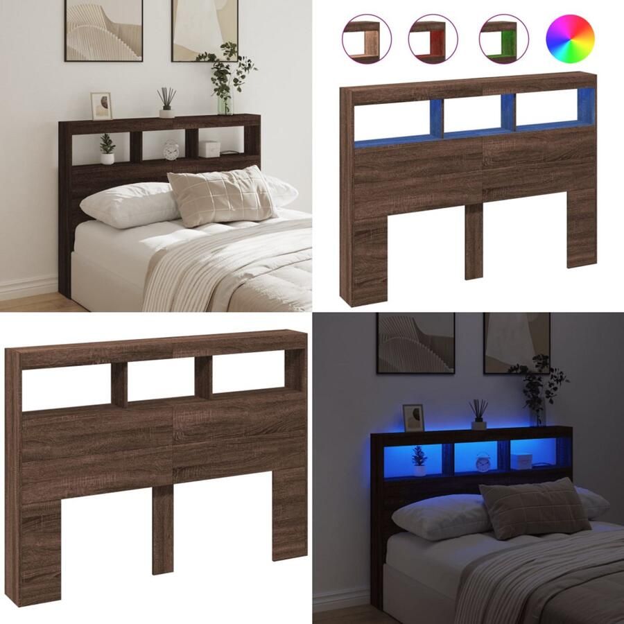 The Living Store Hoofdbordkast met LED-verlichting 140x17x102 cm bruin eiken Hoofdbord Kast Led Verlichting Bruine Eiken Bedroom Furniture Slaapkamersdecoratie - Foto 2