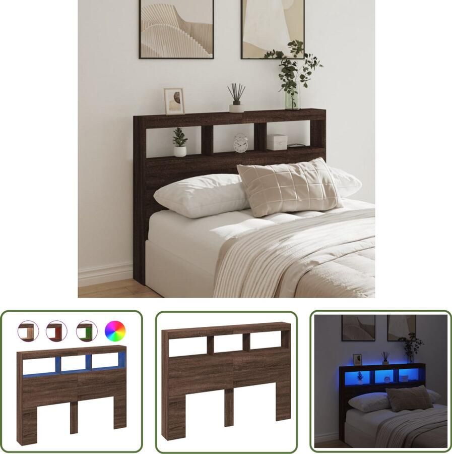 The Living Store Hoofdbordkast met LED-verlichting 140x17x102 cm bruin eiken Hoofdbord Kast Led Verlichting Bruine Eiken Bedroom Furniture Slaapkamersdecoratie