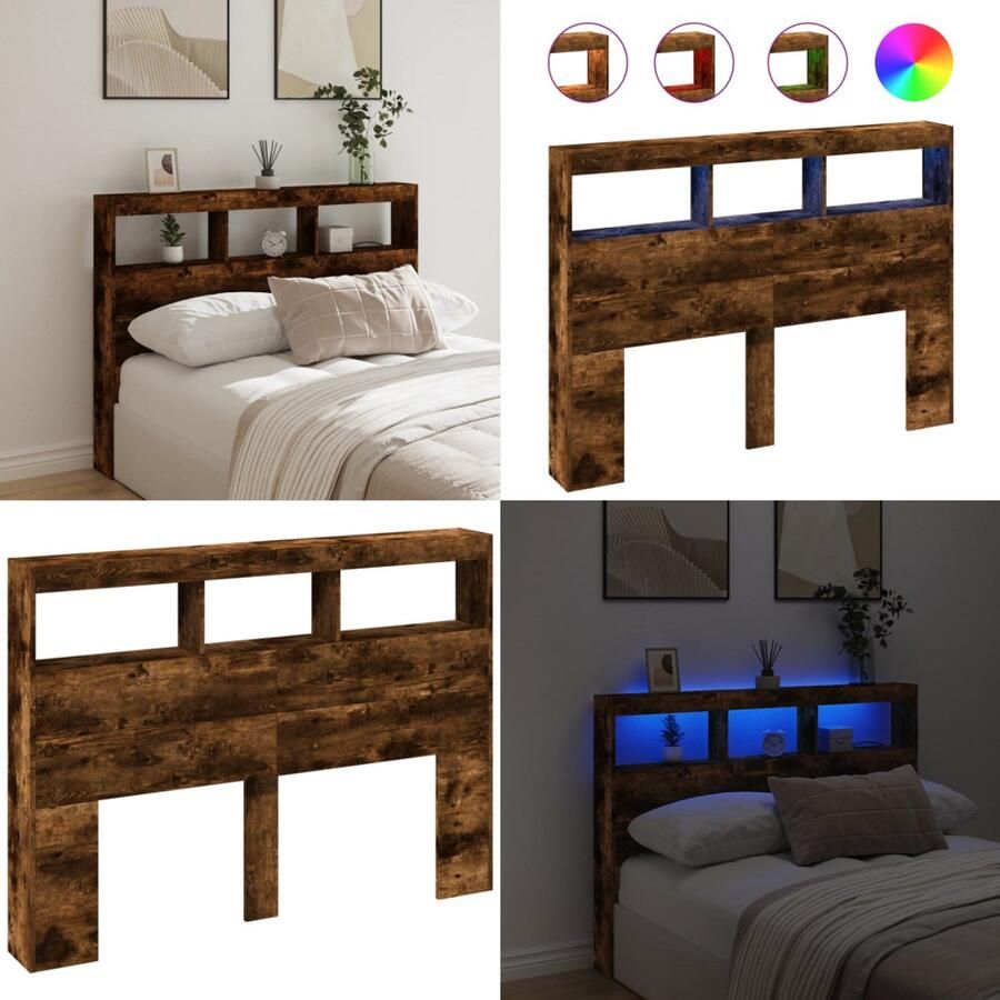 VidaXL Hoofdbordkast met LED-verlichting 140x17x102 cm gerookt eiken Hoofdbordkast Hoofdbordkasten Hoofdbord Kast Hoofdbord Kast Bed