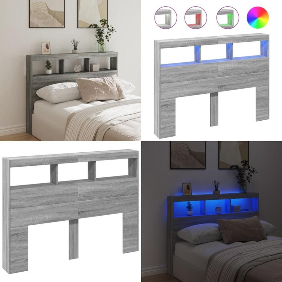 VidaXL Hoofdbordkast met LED-verlichting 140x17x102 cm grijs sonoma Hoofdbordkast Hoofdbordkasten Hoofdbord Kast Hoofdbord Kast Bed