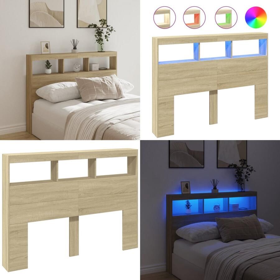 VidaXL Hoofdbordkast met LED-verlichting 140x17x102 cm sonoma eiken Hoofdbordkast Hoofdbordkasten Hoofdbord Kast Hoofdbord Kast Bed