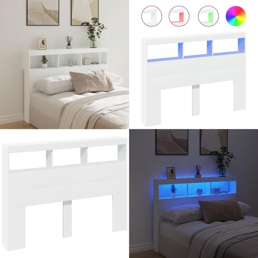 VidaXL Hoofdbordkast met LED-verlichting 140x17x102 cm wit Hoofdbordkast Hoofdbordkasten Hoofdbord Kast Hoofdbord Kast Bed