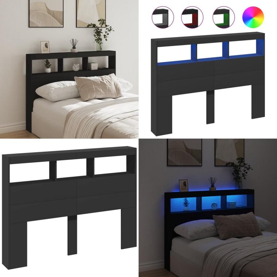 VidaXL Hoofdbordkast met LED-verlichting 140x17x102 cm zwart Hoofdbordkast Hoofdbordkasten Hoofdbord Kast Hoofdbord Kast Bed
