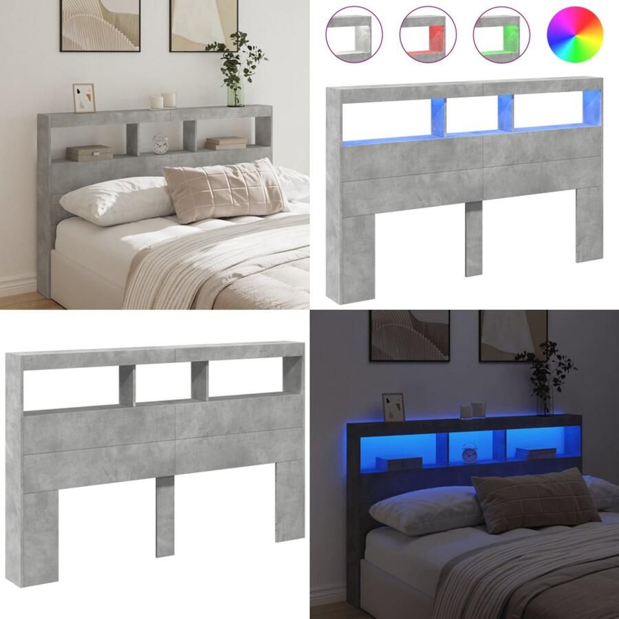 VidaXL Hoofdbordkast met LED-verlichting 160x17x102 cm betongrijs Hoofdbordkast Hoofdbordkasten Hoofdbord Kast Hoofdbord Kast Bed
