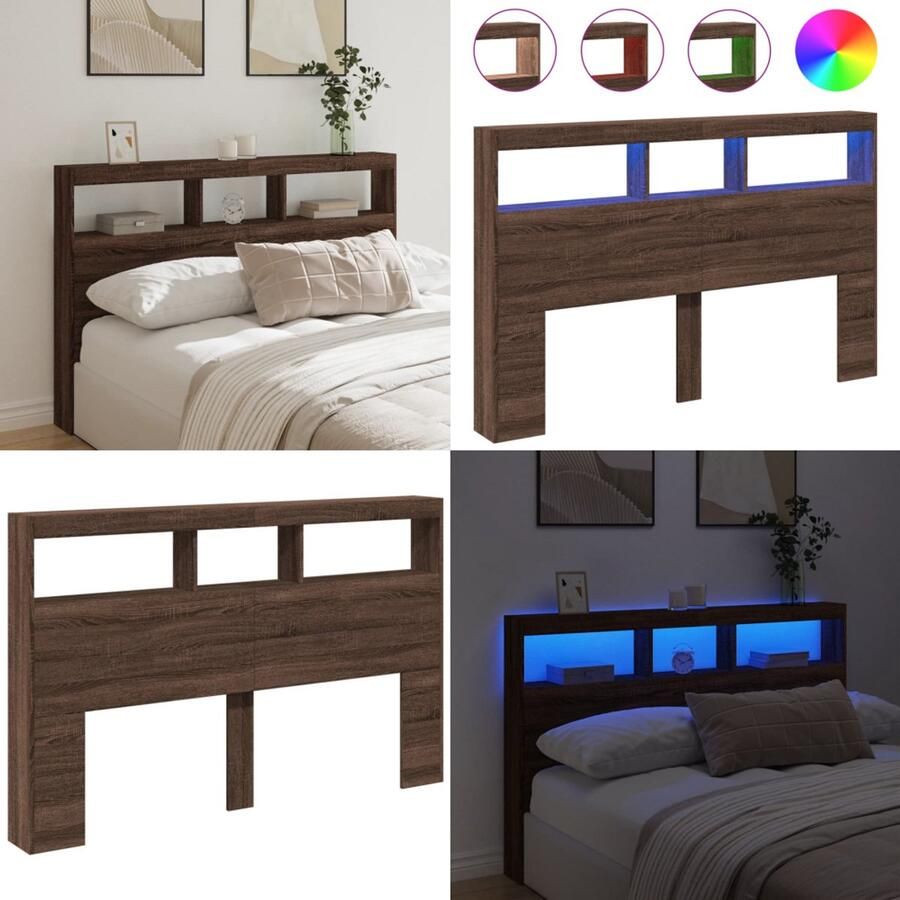 VidaXL Hoofdbordkast met LED-verlichting 160x17x102 cm bruin eiken Hoofdbordkast Hoofdbordkasten Hoofdbord Kast Hoofdbord Kast Bed