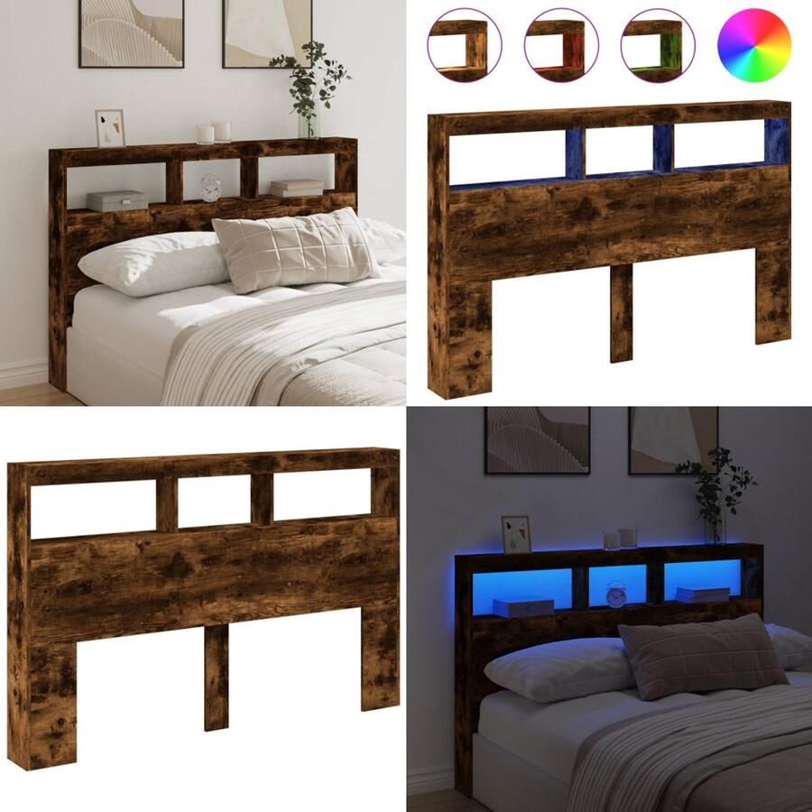 VidaXL Hoofdbordkast met LED-verlichting 160x17x102 cm gerookt eiken Hoofdbordkast Hoofdbordkasten Hoofdbord Kast Hoofdbord Kast Bed