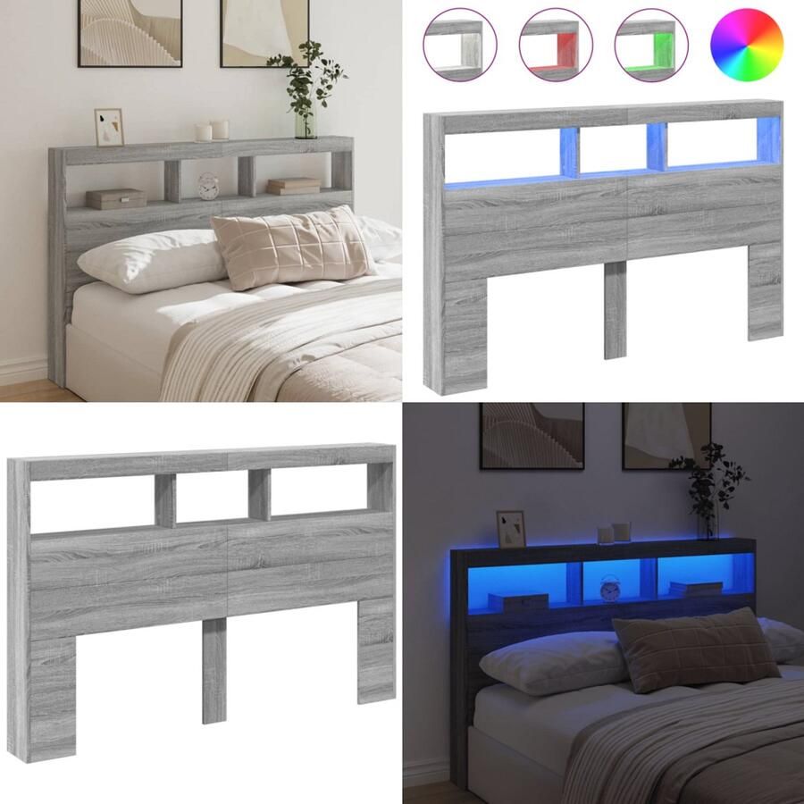 VidaXL Hoofdbordkast met LED-verlichting 160x17x102 cm grijs sonoma Hoofdbordkast Hoofdbordkasten Hoofdbord Kast Hoofdbord Kast Bed