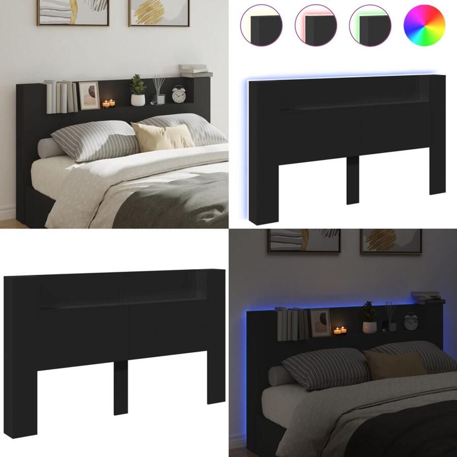 VidaXL Hoofdbordkast met LED-verlichting 180x16 5x103 5 cm zwart Hoofdbordkast Hoofdbordkasten Hoofdbord Kast Hoofdbord Kast Bed