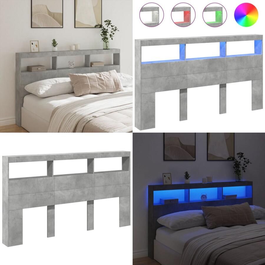 VidaXL Hoofdbordkast met LED-verlichting 180x17x102 cm betongrijs Hoofdbordkast Hoofdbordkasten Hoofdbord Kast Hoofdbord Kast Bed