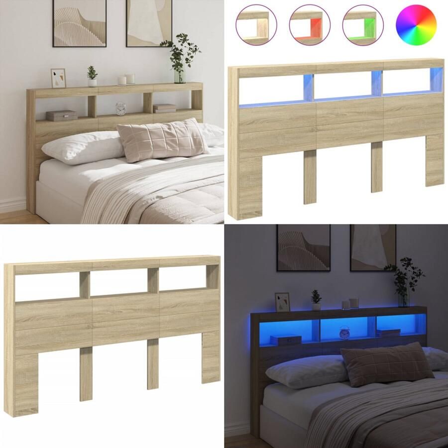 VidaXL Hoofdbordkast met LED-verlichting 180x17x102 cm sonoma eiken Hoofdbordkast Hoofdbordkasten Hoofdbord Kast Hoofdbord Kast Bed