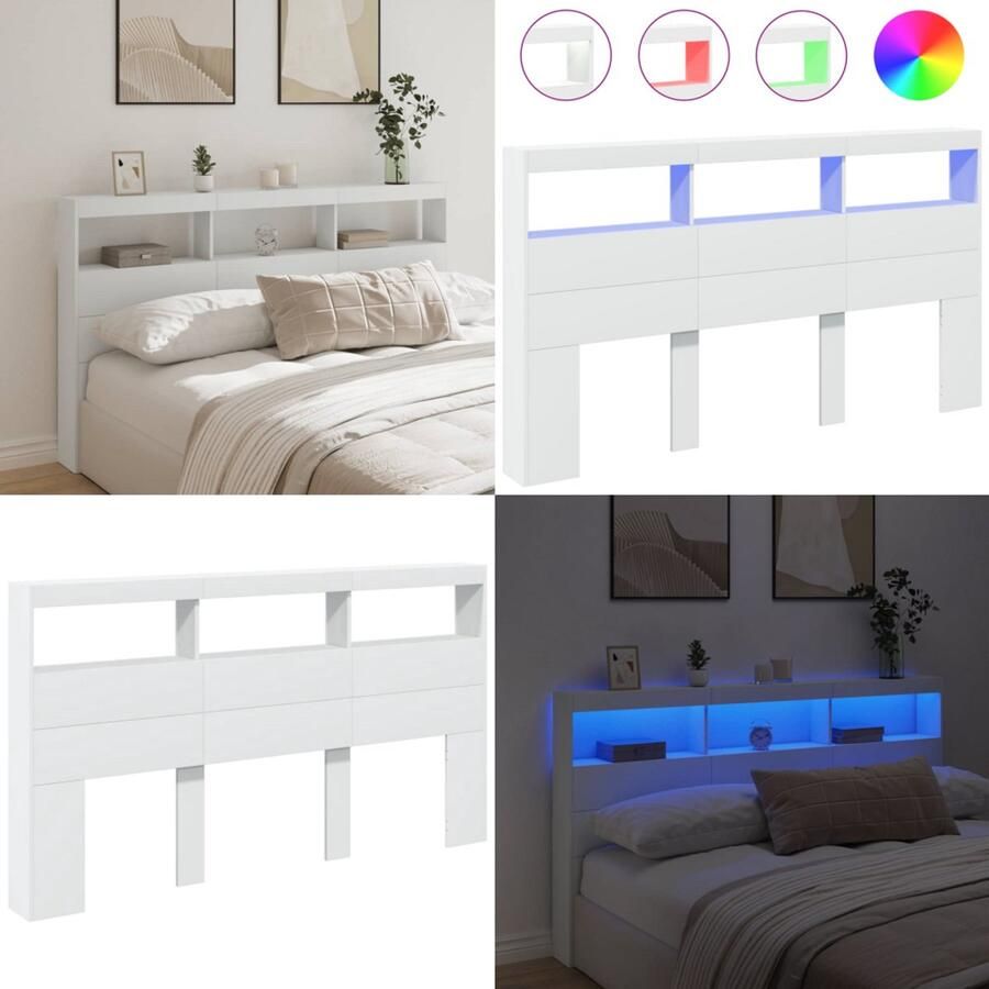 VidaXL Hoofdbordkast met LED-verlichting 180x17x102 cm wit Hoofdbordkast Hoofdbordkasten Hoofdbord Kast Hoofdbord Kast Bed