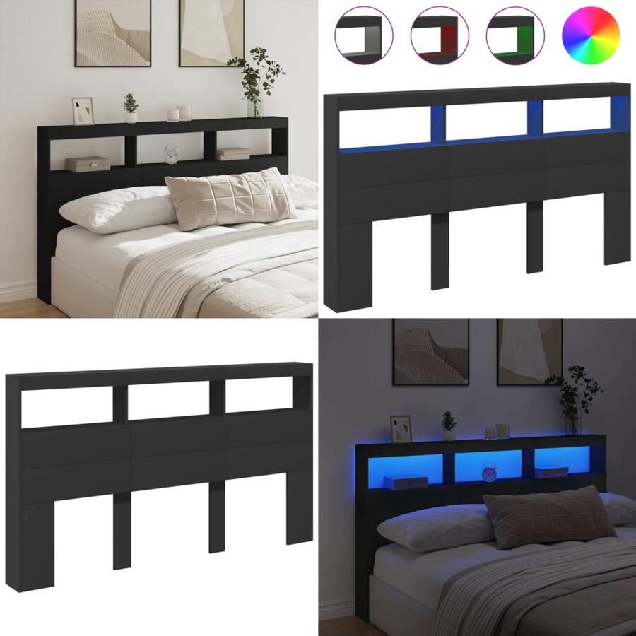 VidaXL Hoofdbordkast met LED-verlichting 180x17x102 cm zwart Hoofdbordkast Hoofdbordkasten Hoofdbord Kast Hoofdbord Kast Bed