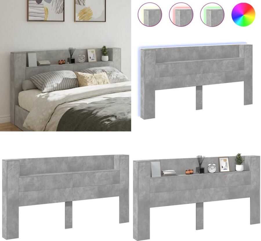 VidaXL Hoofdbordkast met LED-verlichting 200x16 5x103 5 cm betongrijs Hoofdbordkast Hoofdbordkasten Hoofdbord Kast Hoofdbord Kast Bed